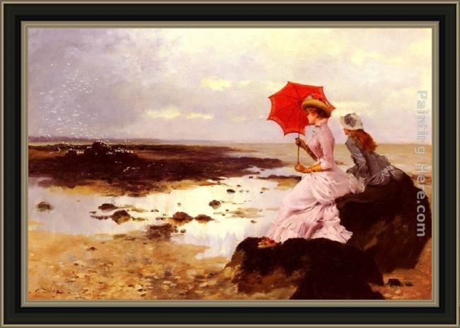 Framed Ernest Ange Duez au bord de la plage sur un rocher painting