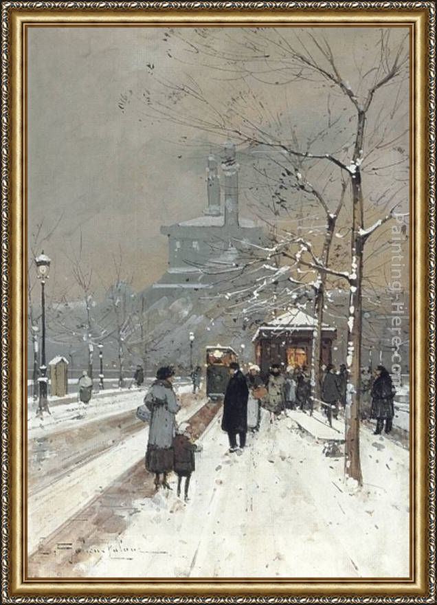 Framed Eugene Galien-Laloue figures in the snow, paris painting