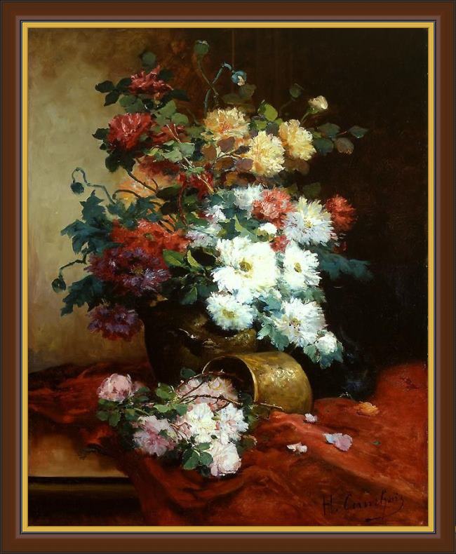 Framed Eugene Henri Cauchois roses and dahlias painting