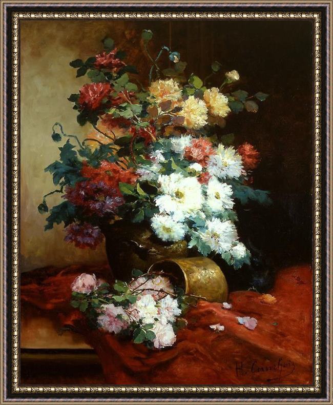 Framed Eugene Henri Cauchois roses and dahlias painting