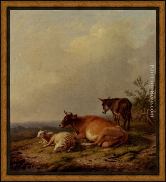 Framed Eugene Verboeckhoven a cow, a sheep and a donkey painting