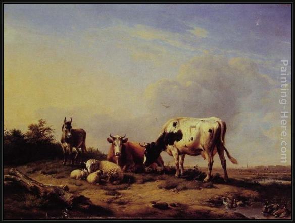 Framed Eugene Verboeckhoven a gathering in the pasture painting