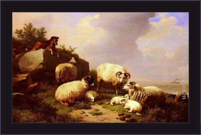 Framed Eugene Verboeckhoven guarding the flock by the coast painting