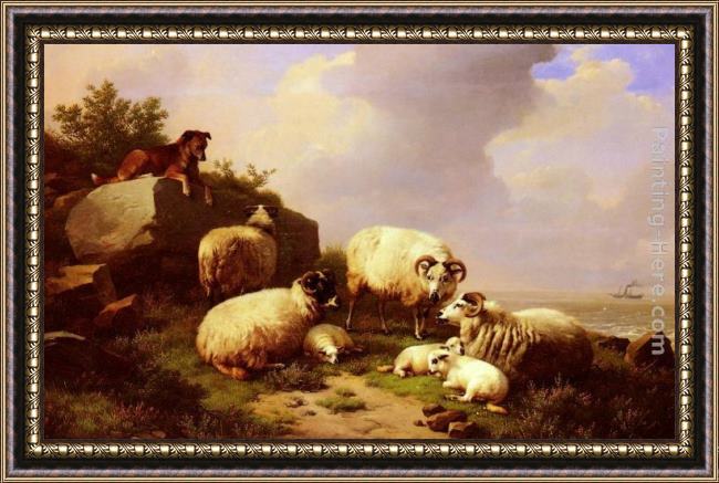 Framed Eugene Verboeckhoven guarding the flock by the coast painting