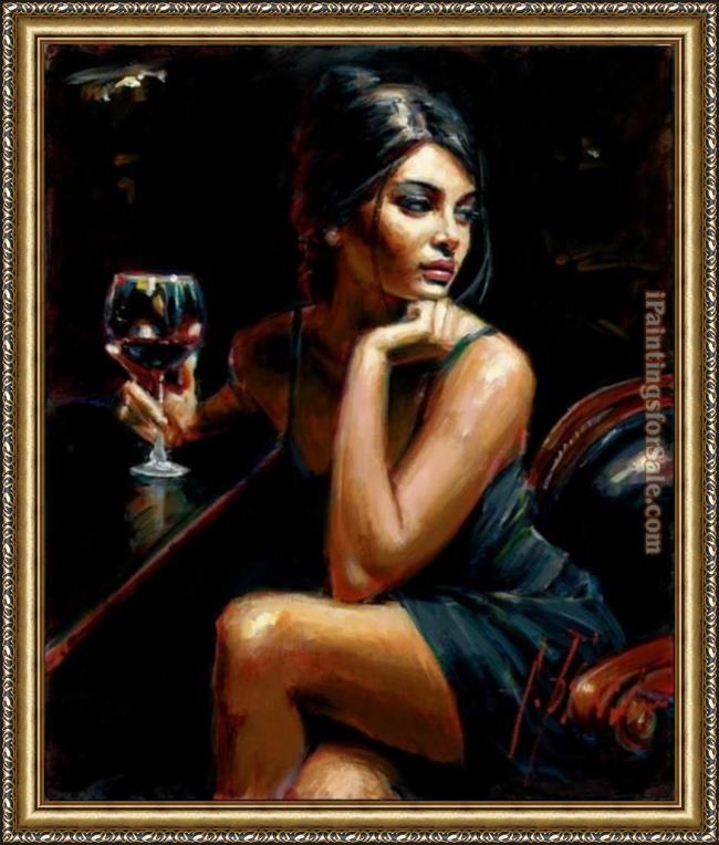 Framed Fabian Perez saba with glass of red wine painting