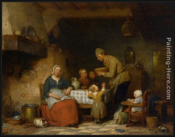 Framed Ferdinand de Braekeleer a peasant family gathered around the kitchen table painting