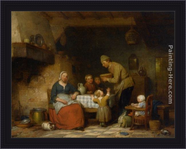 Framed Ferdinand de Braekeleer a peasant family gathered around the kitchen table painting