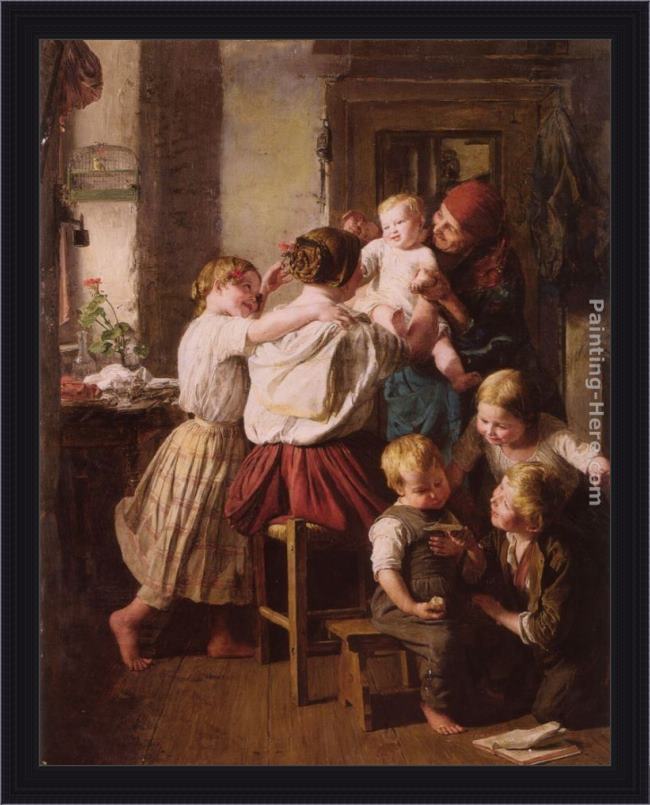 Framed Ferdinand Georg Waldmuller children making their grandmother a present on her name day painting