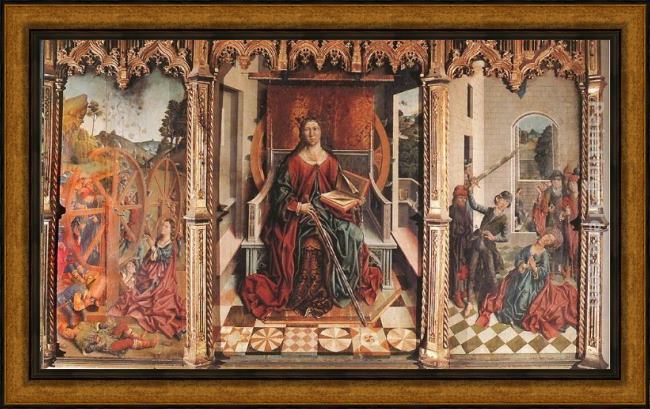 Framed Fernando Gallego triptych of st catherine painting