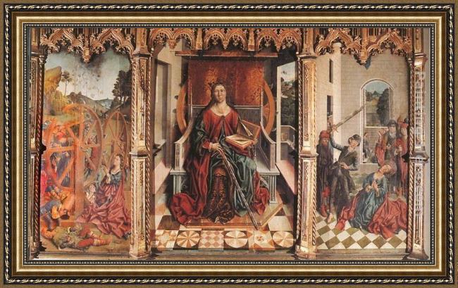 Framed Fernando Gallego triptych of st catherine painting