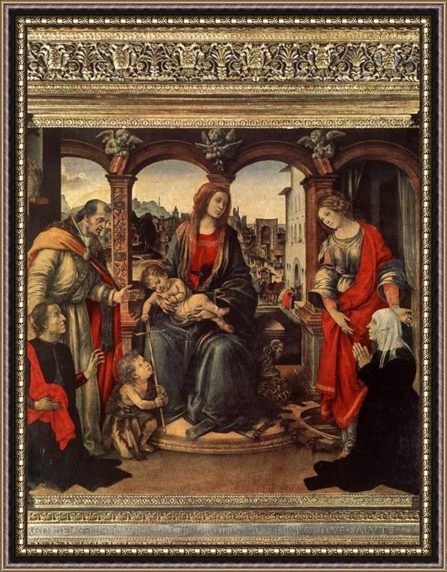 Framed Filippino Lippi madonna with child and saints painting