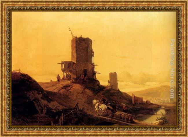 Framed Francois Antoine Bossuet a hill with an arab windmill under construction, a town in the distance painting
