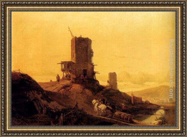 Framed Francois Antoine Bossuet a hill with an arab windmill under construction, a town in the distance painting