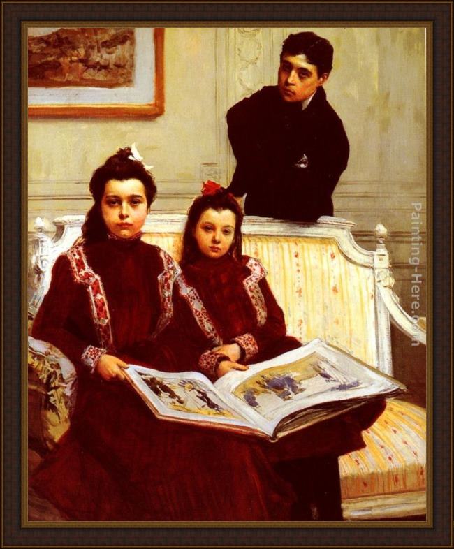 Framed Francois Flameng family portrait of a boy and his two sisters admiring a sketch book painting