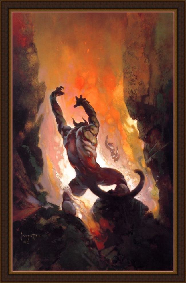 Framed Frank Frazetta fire demon painting