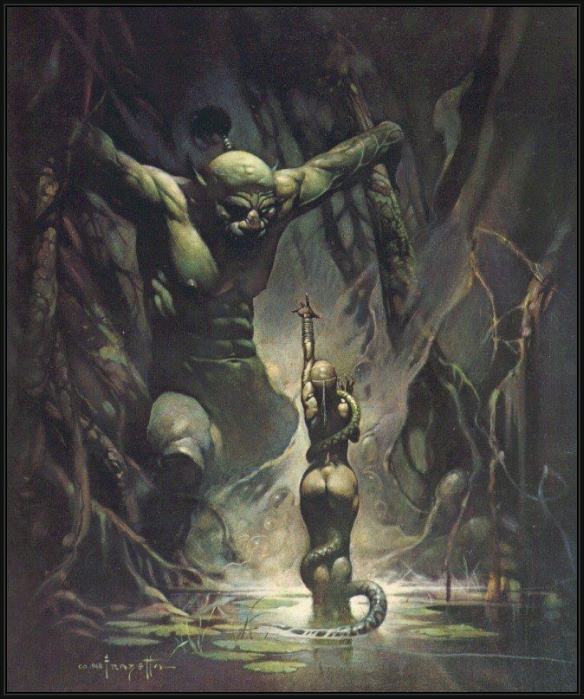 Framed Frank Frazetta swamp ogre painting