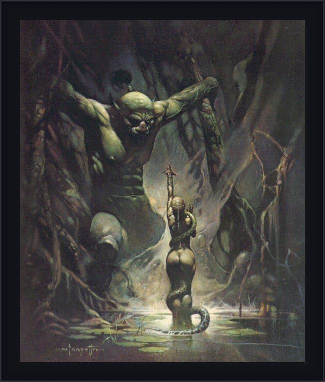 Framed Frank Frazetta swamp ogre painting