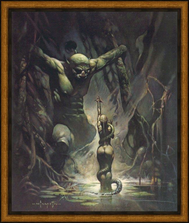 Framed Frank Frazetta swamp ogre painting