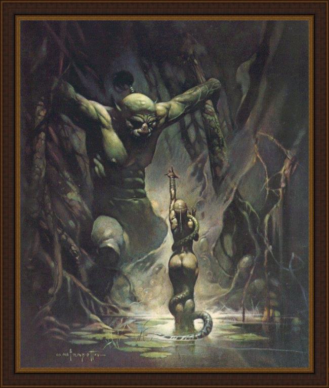 Framed Frank Frazetta swamp ogre painting