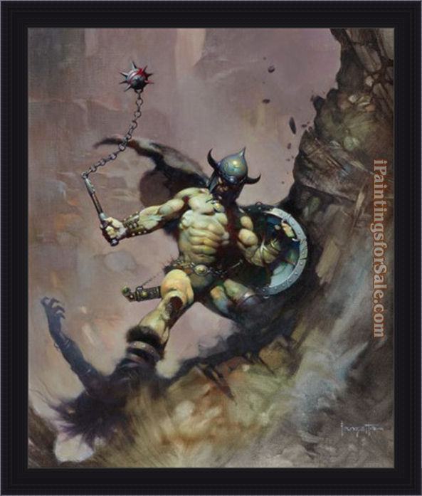 Framed Frank Frazetta warrior with ball and chain painting