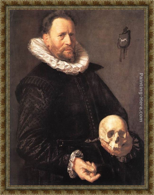 Framed Frans Hals portrait of a man holding a skull painting