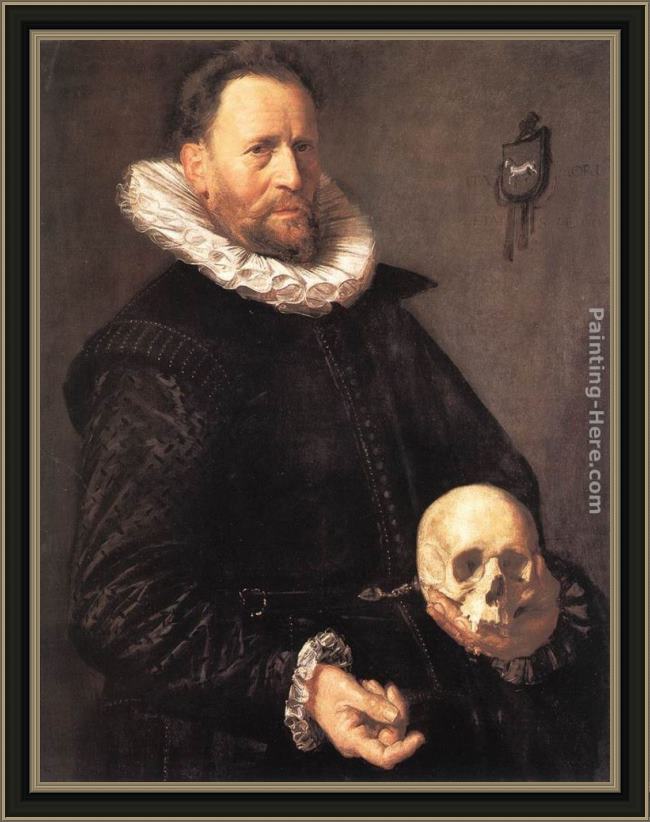 Framed Frans Hals portrait of a man holding a skull painting