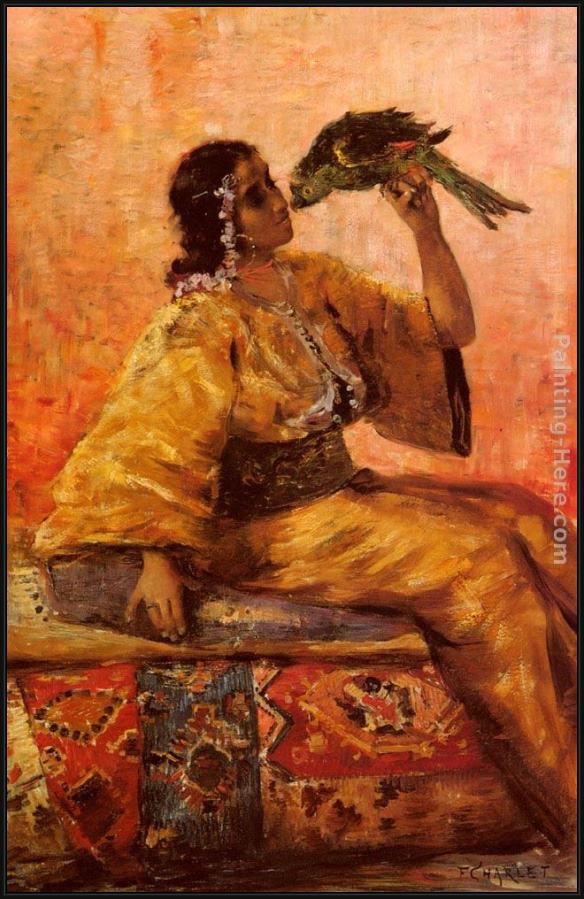 Framed Frantz Charlet a moroccan beauty holding a parrot painting