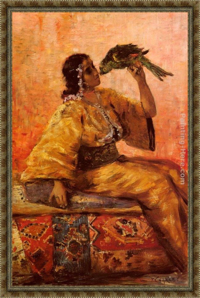 Framed Frantz Charlet a moroccan beauty holding a parrot painting