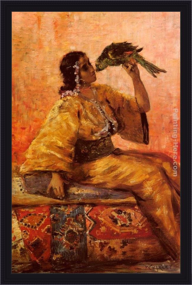 Framed Frantz Charlet a moroccan beauty holding a parrot painting