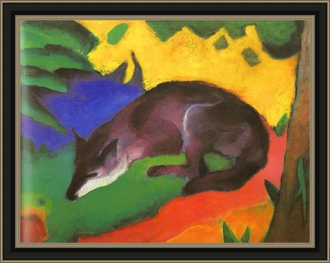 Framed Franz Marc blue black fox painting