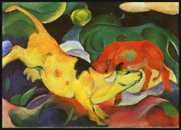 Framed Franz Marc cows yellow red green painting