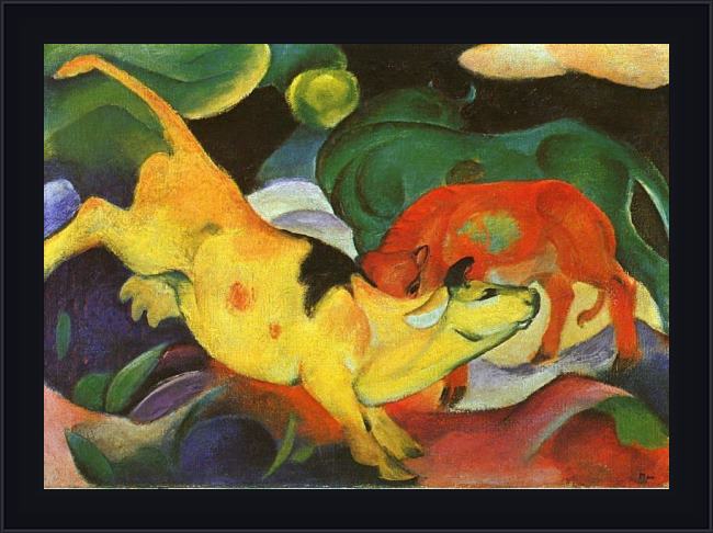 Framed Franz Marc cows yellow red green painting