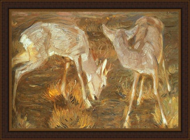 Framed Franz Marc deer at dusk painting