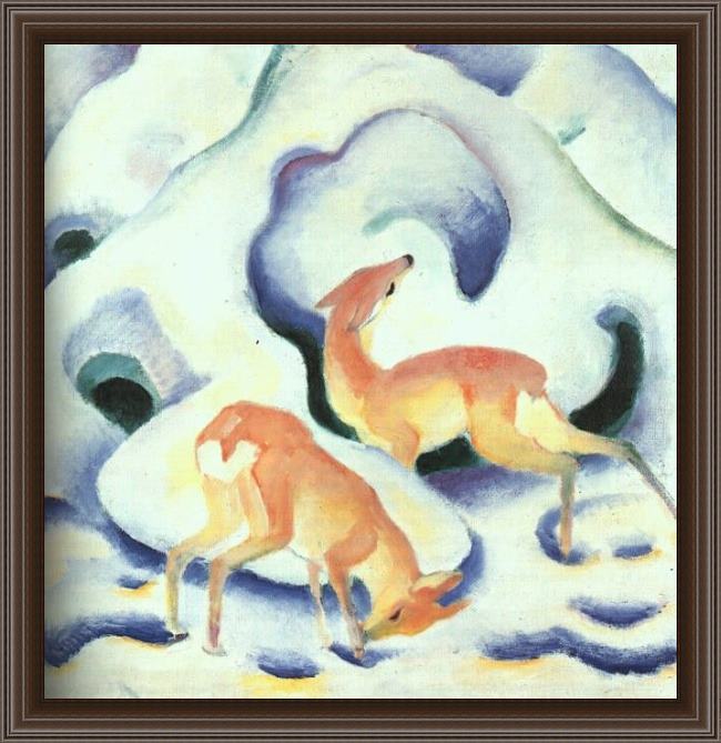 Framed Franz Marc deer in the snow painting