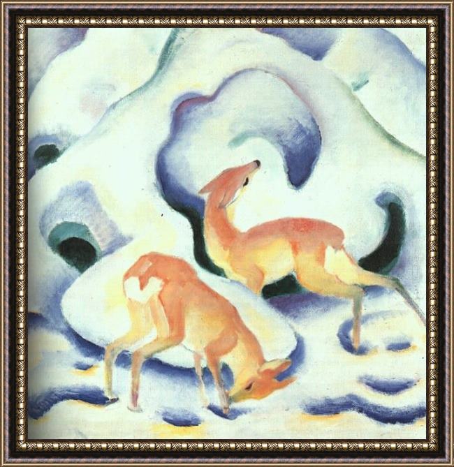 Framed Franz Marc deer in the snow painting