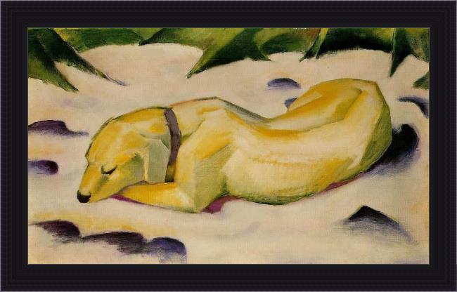 Framed Franz Marc dog lying in the snow painting