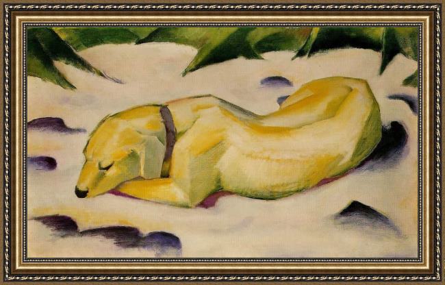 Framed Franz Marc dog lying in the snow painting