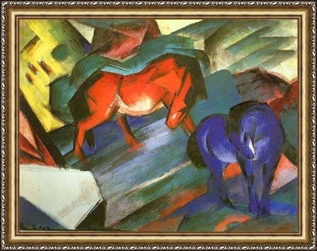 Framed Franz Marc red and blue horse painting