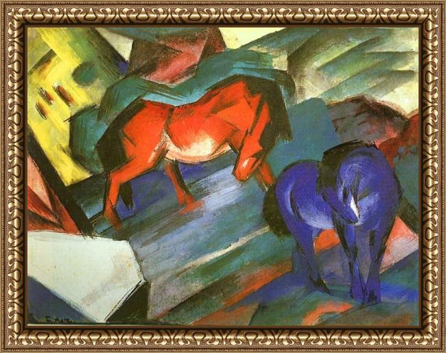 Framed Franz Marc red and blue horse painting