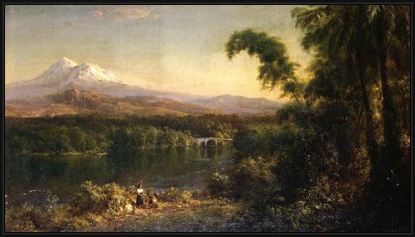 Framed Frederic Edwin Church figures in an ecuadorian landscape painting