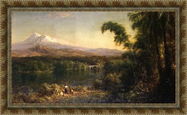 Framed Frederic Edwin Church figures in an ecuadorian landscape painting