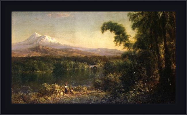 Framed Frederic Edwin Church figures in an ecuadorian landscape painting