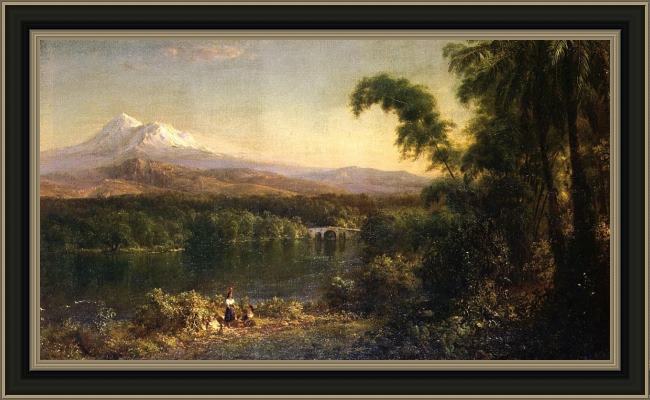 Framed Frederic Edwin Church figures in an ecuadorian landscape painting