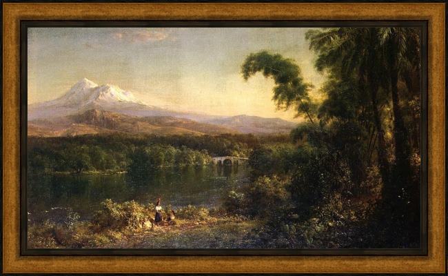 Framed Frederic Edwin Church figures in an ecuadorian landscape painting