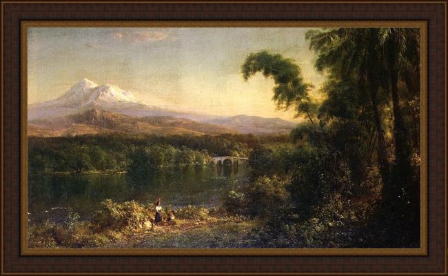 Framed Frederic Edwin Church figures in an ecuadorian landscape painting