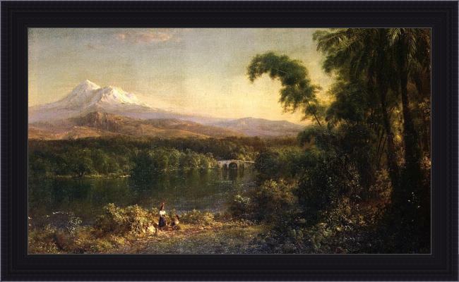 Framed Frederic Edwin Church figures in an ecuadorian landscape painting