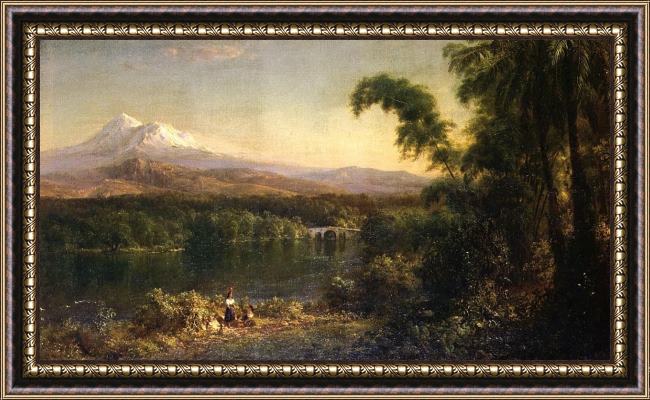 Framed Frederic Edwin Church figures in an ecuadorian landscape painting