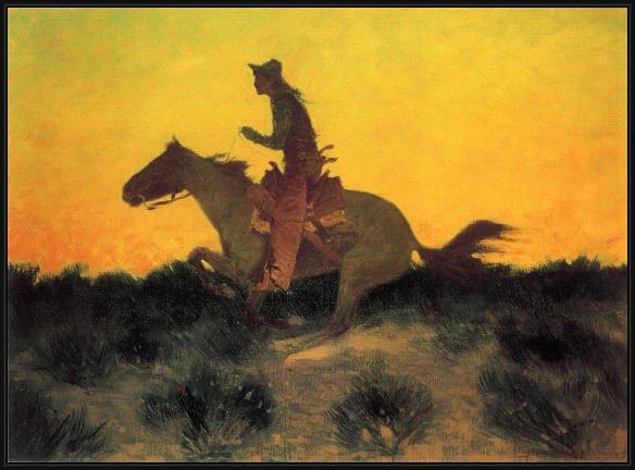 Framed Frederic Remington against the sunset painting