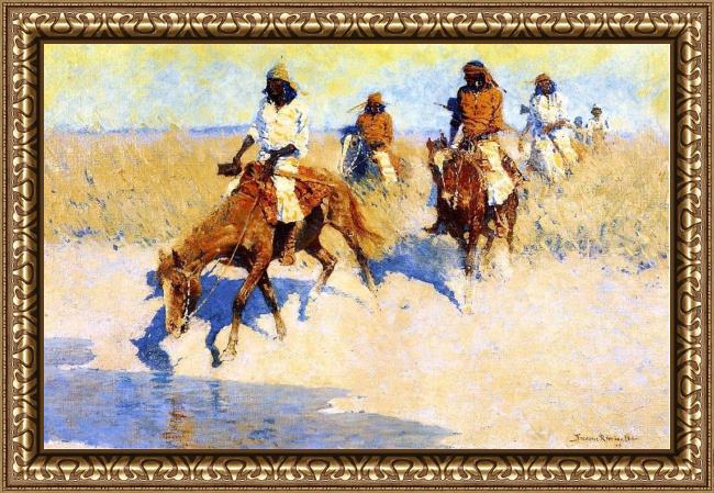 Framed Frederic Remington pool in the desert painting