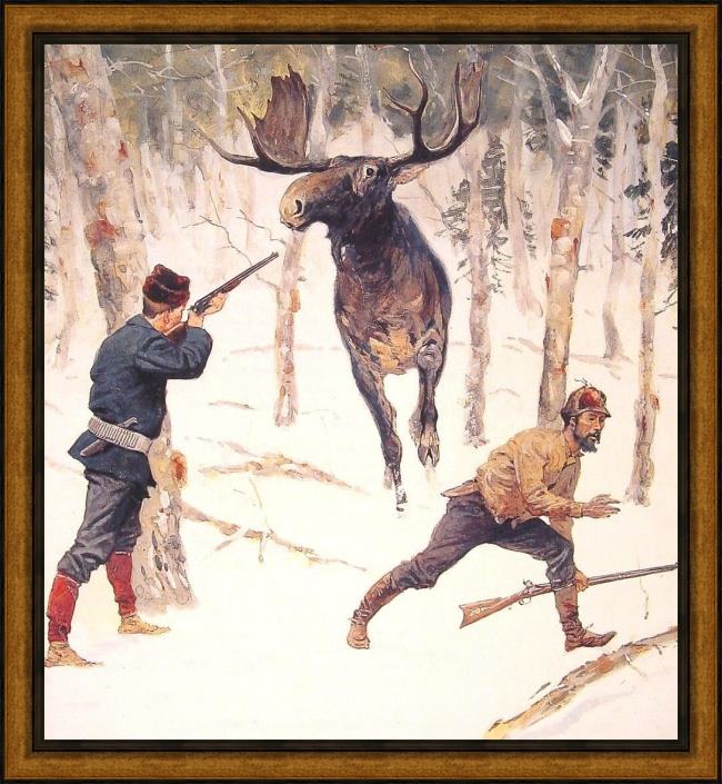 Framed Frederic Remington the moose hunt painting